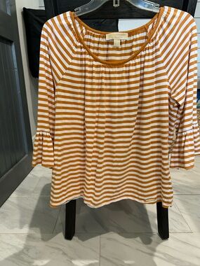 Michael Kors White and Mustard Striped Scoop Neck Tunic